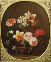 Stilleven van bloemen in een mand