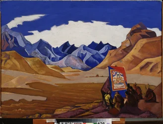 Banniere de celui qui vient. (de la suite Maitreya). (Tibetaans boeddhisme). Werk van Nicholas Roerich (1874-1947)