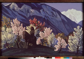 Guga Chohan. Kulu-vallei (India). (Ruiterstandbeeld tussen de bloeiende bomen van de Himalaya). Schilderij van Nicolas Roerich (1874-1947)