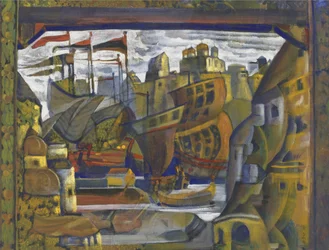 De markt van Novgorod. Decorontwerp voor de opera Sadko van N. Rimsky-Korsakov