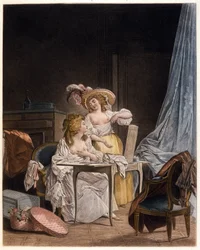 De vergelijking. Twee vrouwen vergelijken de grootte van hun borsten. Gravure van Nicolas Lavreince (1737-1807), circa 1782.