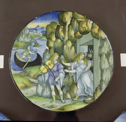 Orpheus en Eurydice bij de poorten van de onderwereld, maiolicaplaat, door Nicola Pellipario van Urbino (fl.1510-42), ca.1515