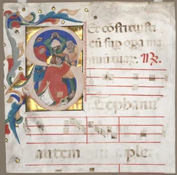 Fragment van een Antifonarium met Geïllustreerde Initiaal S: De steniging van St. Stefanus