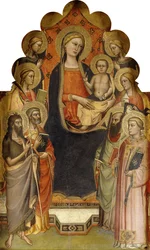 De Madonna en Kind op de troon met heiligen Johannes de Doper, Petrus, Maria Magdalena, Paulus en Stefanus, een vrouwelijke martelares en engelen