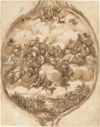 Heiligen gedragen door wolken boven een meer
