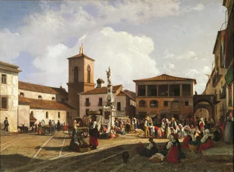 Benevento (Campania), Orsini-plein met de klokkentoren van de kathedraal en de fontein gewijd aan paus Orsini