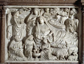Preekstoel met de Annunciatie en de Geboorte, vervaardigd door Nicola Pisano (1215/20-1278/84), marmeren preekstoel, 1260, doopkapel van San Giovanni in Pisa, Italië