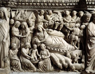 Gotische kunst en architectuur: Visitatie en Geboorte - Detail van de bas-reliëfs van de Marmeren Preekstoel gemaakt door Nicola Pisano (1266-1268)
