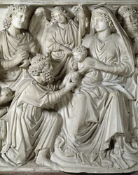 De aanbidding der wijzen Detail Preekstoel gerealiseerd door Nicola Pisano (1215/20-1278/84) (Marmeren preekstoel) 1260 Doopkapel van Sint-Jan van Pisa (Battistero san Giovanni di Pisa), Italië