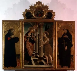 Drieluik: centraal paneel met de Annunciatie met God boven en zijpanelen met de figuren van twee heiligen