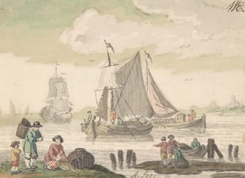 Zeegezicht met zes figuren op de voorgrond