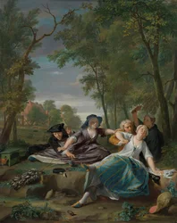 Genrescène met elegante jonge koppels in een landschap