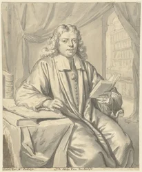 Portret van Dr. Hugo van der Helst in een studeervertrek
