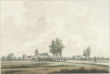 Een landschap met kerk aan de horizon