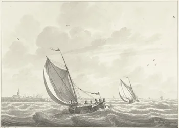Schip onder zeil op de Maas, in de verte de dorpen Oud en Nieuw Beijerland