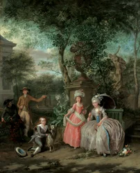 Een groepsportret van een familie in een sierlijke tuin, 1791