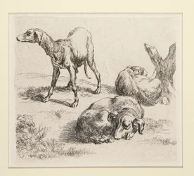 2 etsen uit De set van verschillende dieren, met de man onder de bomen, de zogenaamde man