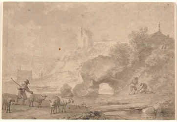 Schaapherder en vissers in een zuidelijk rivierlandschap
