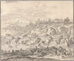 Landschap met Watervallen en Bruggen, Boeren op de Voorgrond