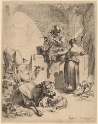 De herder zittend op een fontein en de spinner