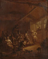 Boeren dansen in een schuur