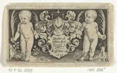 Titelprent met twee kinderen met palmblad naast wapenschild