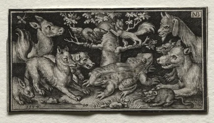 Tweekoppige kikker omringd door dieren, 1594