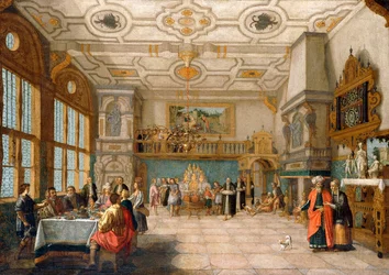 Lazarus bij de Deur van een Banketzaal met Elegante Figuren die Dineren, 1622