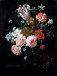 Een tulp, anjers en ochtendglorie in een glazen vaas, 17e eeuw