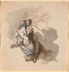Een liefhebbend godenpaar, zittend in de wolken