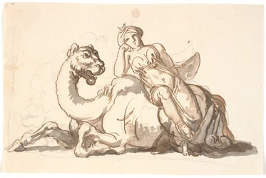 Vrouwelijke figuur met tulband en halve maan, zittend leunend tegen een fantastische kameel. Allegorie op Azië