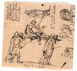 Triomf van de gerechtigheid. Vier gewapende mannen dragen een draagbaar, met een uitgestrekte en een zittende figuur