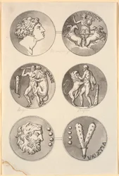 Zes weergaven van antieke medailles