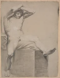 Zittend model op hoge sokkel met kussen. Vooraanzicht. Armen omhoog en gekruist boven het hoofd. Linkerbeen uitgestrekt en licht gebogen