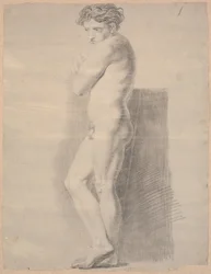 Staand model. Profiel naar links. Armen over de borst gevouwen. Voeten gekruist