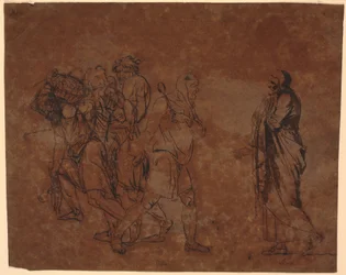 Studie van Simo, Sosie en de slaven, in het schilderij met deze figuren. [Simo vertrouwt Sosia]
