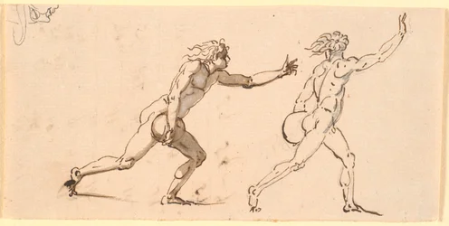 Twee naakte mannen die naar rechts rennen, elk met een grote steen in één hand, en een schets van een gezicht in profiel