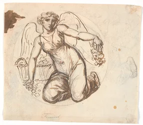Gevleugelde Vrouwelijke Figuur in Cirkelvormig Veld. Rechts studie van de linker voet van de figuur
