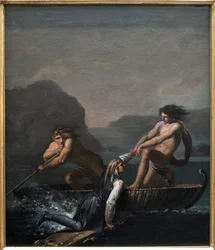 Het schipbreuk Niels Klim gered door twee Quamites. Fragment uit De Ondergrondse Reis van Niels Klim