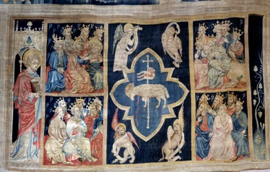 Gordijn van de Openbaring: de ouderen geven glorie aan een lam, symbool van Christus