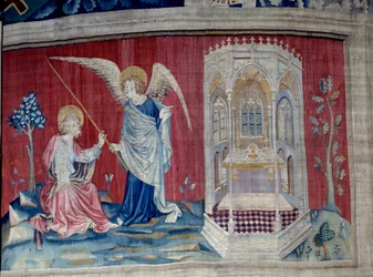 De Apocalyps (1373-1383), nr. 27: Sint Jan en de Engel. Wandtapijt door Nicolas Bataille