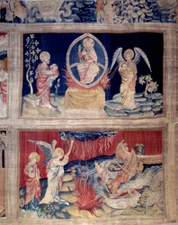 Het gordijn van de Openbaring (1373 -1383), nr. 15 en 18: God en St. Jan huilen als ze de ramp zien. Wandtapijt door Nicolas Bataille (1330-1405)