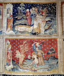 Het gordijn van de Apocalyps: de lijken liggen op de grond, de draak vecht tegen de dienaren van God geïncarneerd door een monnik en leken. 1373-1383. gemaakt door Nicolas Bataille (1330-1405) Angers, museum van het wandtapijt