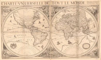Reliëf getoond in afbeeldingen. Inclusief notities. Illustraties bevatten afbeeldingen van de tuin van Eden en het Laatste Oordeel en vier allegorische figuren in de hoeken van het blad. Samengesteld uit 4 bladen. LC-kopie in twee bladen, samen gemonteerd 
