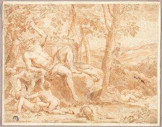 Bacchus en putti in schaduwrijke bos