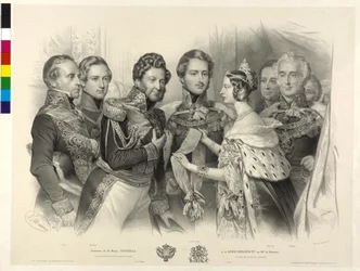 Koningin Victoria van Engeland presenteert koning Louis Philipp van Frankrijk de Orde van de Kousenband