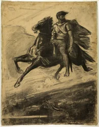 Man die door de lucht rijdt op een paard