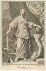 Judith staand en omhoog kijkend, met het hoofd van Holofernes in haar linkerhand