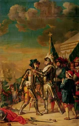 Henri II (1519-59) geeft de ketting van de Orde van Sint-Michel aan Gaspard de Saulx (1509-73) Graaf van Tavannes, na de Slag bij Renty, 13 augustus 1554, 1789