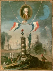 Revolutionaire allegorie: portret van Jean-Jacques Rousseau, Zwitsers filosoof (1712-1778), met symbolen van de revolutie. Schilderij van Nicolas Henri Jeaurat de Bertry (1728-ca. 1796)